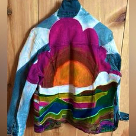 Sunset hand painted Sun Set denim jacket size XL - Picture 2 of 4